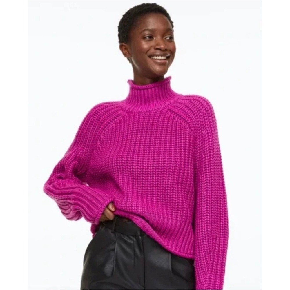 H&M Womens Hot‎ Pink Fuschia Chunky Cable Knit Mock Neck Crop Sweater Small
